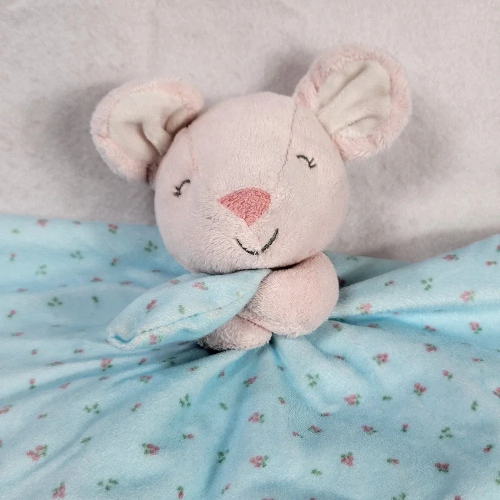 Carters Pink & Blue Teal Floral Stuffed Mouse‎ Lovey Plush Satin Edges Blanky